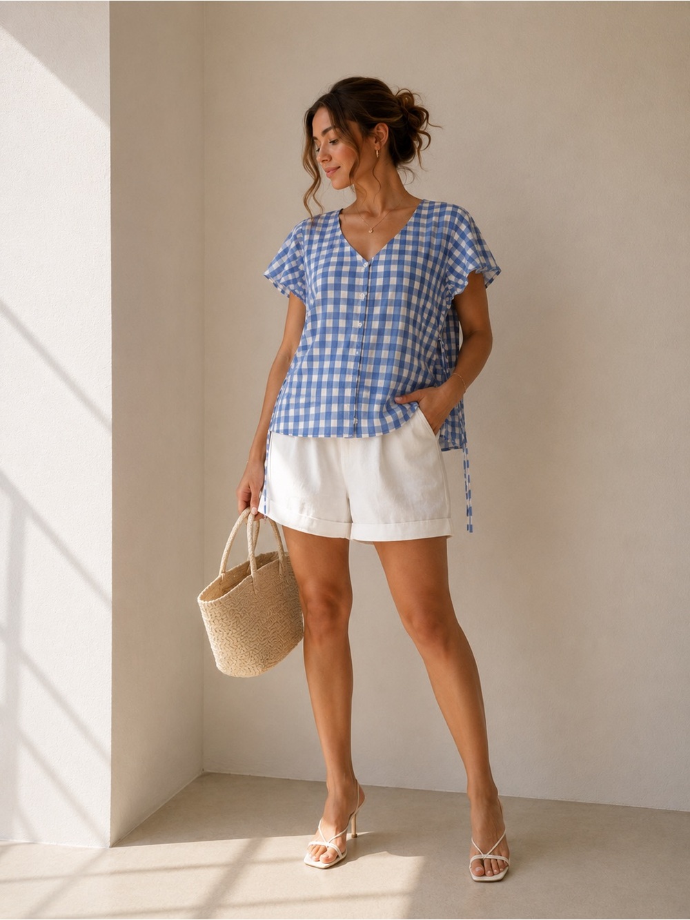 Belle Sky Blue & White Gingham Button-Down Top